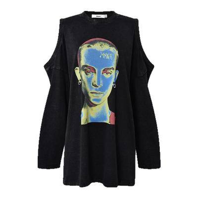 24ans punk Portrait T-shirt丨人像耳钉印花长袖露肩两穿宽松T恤