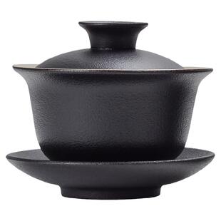 黑陶描金盖碗茶具茶杯单个高档泡茶碗不烫手陶瓷沏茶杯功夫三才