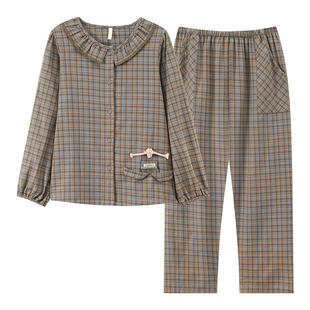 梭织棉纱布睡衣女春秋款纯棉长袖2025新款格子全棉大码高档家居服