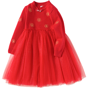 巴拉巴拉女童中国风连衣裙宝宝红色新年款裙子儿童公主秋冬季童装