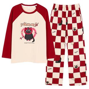 可人儿春秋季纯棉睡衣女士休闲圆领长袖带胸垫少女学生家居服套装