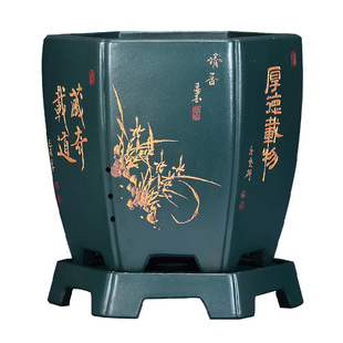 精品紫砂花盆六方形兰花盆君子兰盆带托盘兰草盆陶瓷盆兰花专用盆