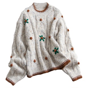 立体刺绣宽松慵懒风圆领宽松毛衣25冬季新款长袖减龄女针织衫M383