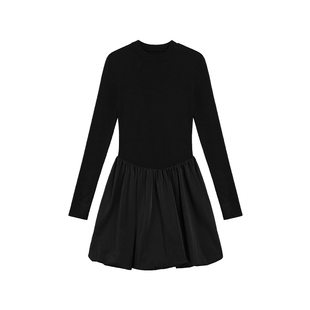MULVAN 黑色针织连衣裙女长袖高级感收腰显瘦a字拼接花苞蓬蓬短裙