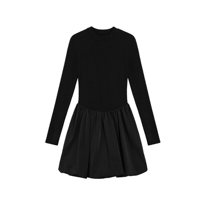 长袖连衣裙下摆拼接梭织料