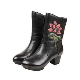 相伴真皮中筒靴女2025新款秋冬加绒保暖手绘粗跟防水台民族风女靴