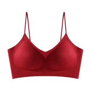草本初色红色细肩带内衣女本命年小胸聚拢新娘结婚无痕文胸套装冬