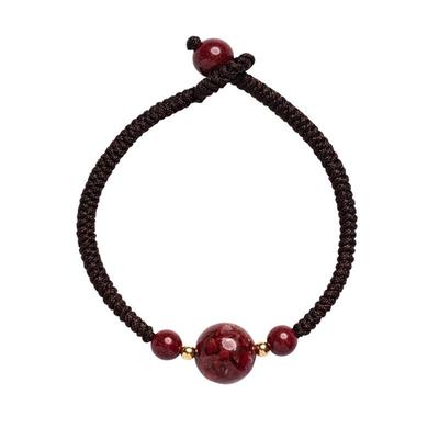 天然朱砂紫金砂佛珠手工红绳手链