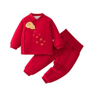 婴儿衣服冬装夹棉分体套装婴幼儿宝宝红色拜年服新年小月龄棉服女