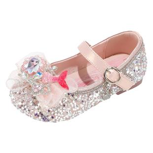 舞玛女童鞋子儿童爱莎水晶鞋2026新款春夏季宝宝亮片平跟走秀皮鞋