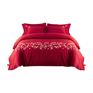 红豆高端结婚床上四件套非纯棉全棉婚嫁被套床单婚庆红色喜被婚房