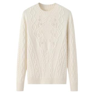 阿绒源100山羊绒女套衫圆领白色绣花反针针织衫加厚绞花休闲毛衣