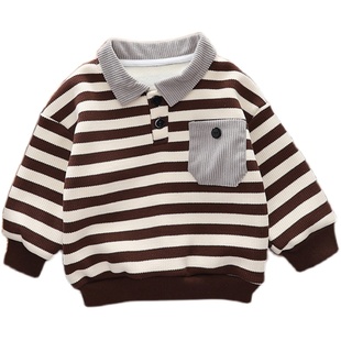 男童冬装加绒卫衣2028新款宝宝长袖POLO衫韩版条纹儿童一体绒套装