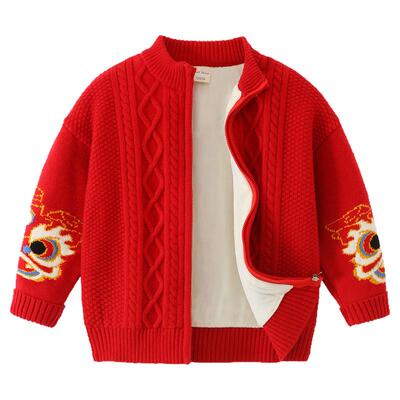 儿童加绒毛衣外套开衫红色新年服