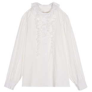 落落狷介白色衬衫女上衣2025年新款设计感长袖木耳边法式蕾丝衬衣
