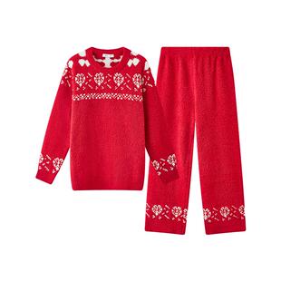 三福睡衣女冬季柔软半边绒本命年红色套装立体绒感绣花外穿家居服