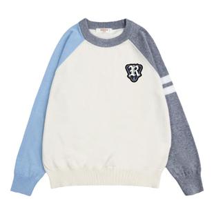 班吉鹿儿童毛衣男女童新款秋季针织纯棉插肩袖撞色毛衫中大童上衣