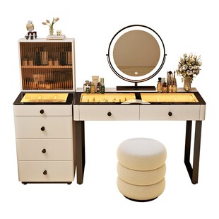 2026新款奶油风实木梳妆台卧室现代简约智能化妆桌斗柜收纳柜一体