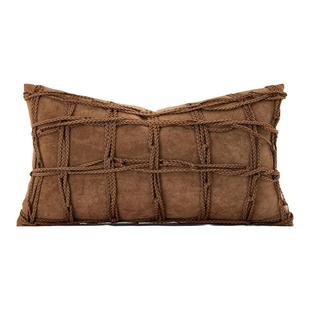 柏洛斯侘寂风复古棕麂皮绒民宿床头长方形腰枕客厅高端沙发抱枕套