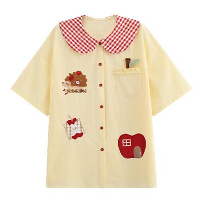 森女部落甜美风格子撞色苹果刺绣设计感宽松衬衫女款2026新款夏季