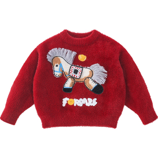 米米哈罗女童毛衣冬装2026年新款儿童马年新款新年红色洋气上衣