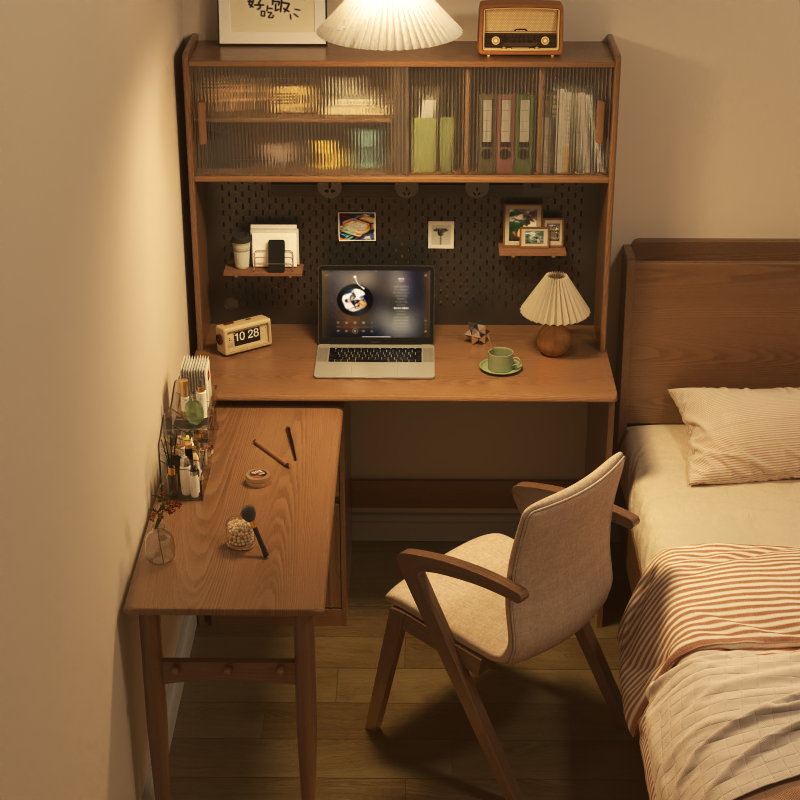 实木转角书桌书架一体卧室拐角书柜靠墙L型旋转折叠学习电脑桌子