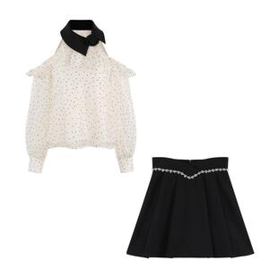 山茶花露肩波点长袖衬衫女早春装2026年新款高级感荷叶边雪纺上衣