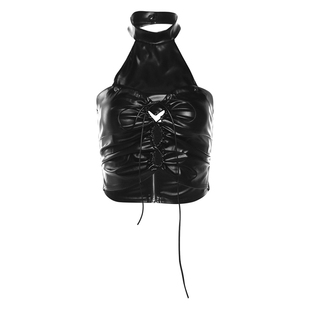 怪诞女孩 时尚街头做旧漆皮辣妹两件套ins潮心机绑带设计挂脖背心