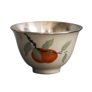 纯银时代 心想柿成杯足银999品茗主人杯中式家用茶杯50ml瓷包银