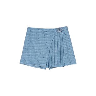 Maje春夏女装法式时尚简约亮片装饰腰侧银色搭扣点缀短款百褶短裤