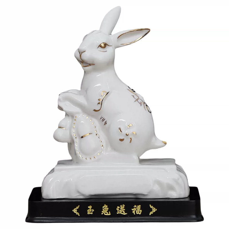 白陶瓷兔生肖吉祥物化解摆件