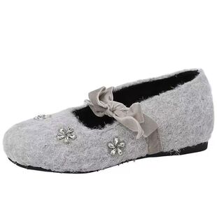 内增高灰色玛丽珍毛毛鞋女鞋子2025秋冬季加绒水钻单鞋温柔晚晚鞋