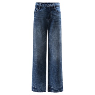 宅女同款【现货】at新款076H复古直筒宽松高腰扎花洗水牛仔裤女潮