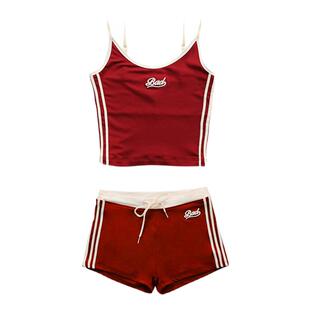badblood博主同款两件套红色吊带性感辣妹运动健身短裤休闲套装女