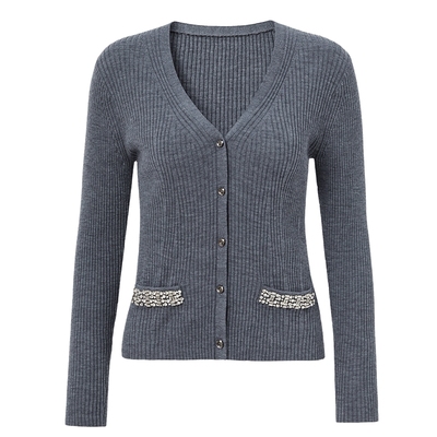 马天奴灰色钉珠绵羊毛针织开衫