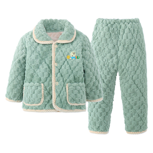 冬款儿童法兰绒睡衣男童女童三层夹棉加厚珊瑚绒宝宝家居服套装