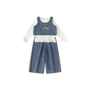 女童套装2025秋季新款儿童牛仔衣服花边t恤马甲长裤女孩秋装童装
