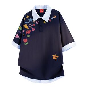 查尔斯桃心假两件涂鸦印花短袖POLO衫男女款夏季纯棉情侣t恤上衣