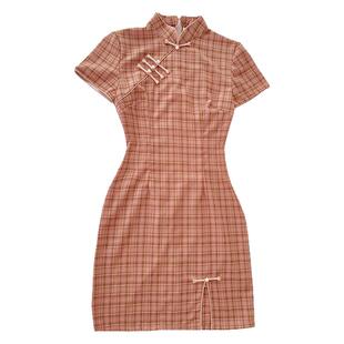 旗袍2025年新款年轻款棉麻粉色复古民国格子改良显瘦连衣裙小个子