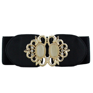 女士松紧腰带裙子装饰腰封猫眼石水钻对扣黑色修身宽松紧皮带大码