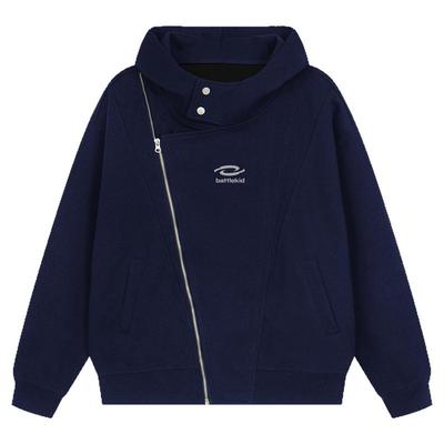 SREK美式斜拉链开衫卫衣男冬季不规则设计感连帽外套潮牌街头帽衫