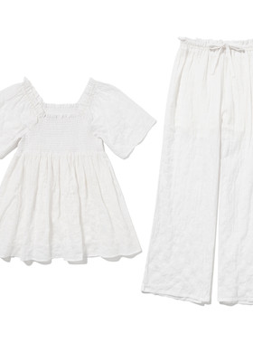 夏季甜美白色棉纱方领短袖家居服