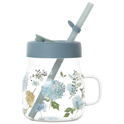 蓝莲花玻璃日式吸管杯