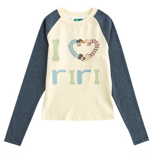 riverstone plus 可爱腊肠狗狗条纹修身长袖T恤女撞色打底衫上衣