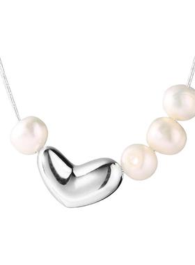 白桃汽水 不规则扁豆S925银爱心淡水珍珠项链女小众设计感锁骨链
