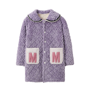 珊瑚绒夹棉睡衣女冬季加厚保暖三层上衣单件上装中长款家居服外套