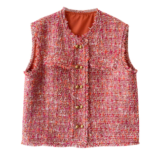 轻奢高级感 显白桔色系 时尚双排金属扣流苏边小香风马甲坎肩外搭