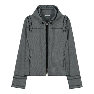 TYPESERVICE韩国代购女装25秋季新款立领连帽外套双拉链条纹夹克