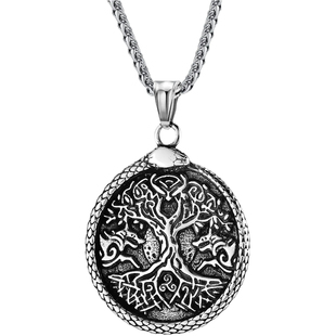 北欧神话宇宙树维京狼衔尾蛇项链男个性钛钢复古生命之树盘蛇项链