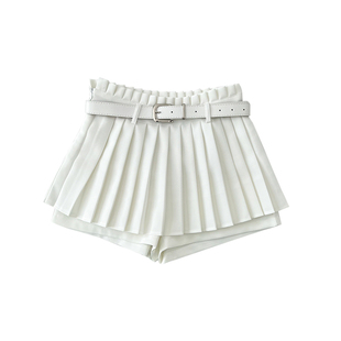 设计感时尚百搭木耳边高腰显瘦a字百褶裤裙休闲裤热裤女配皮带